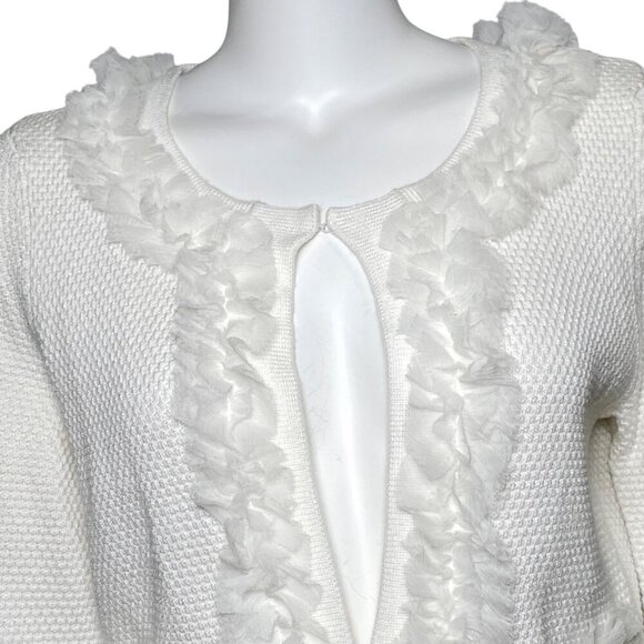 White House Black Market Knit Jacket Blazer Womens Size L Ruffles 3/4 Sleeve - Picture 2 of 8